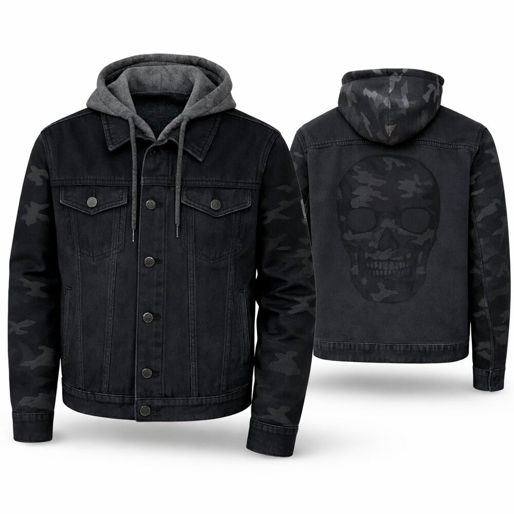 Black Denim Jacket Camo Sleeves Skull Back Hoodie Streetwear Medium Grunge Biker